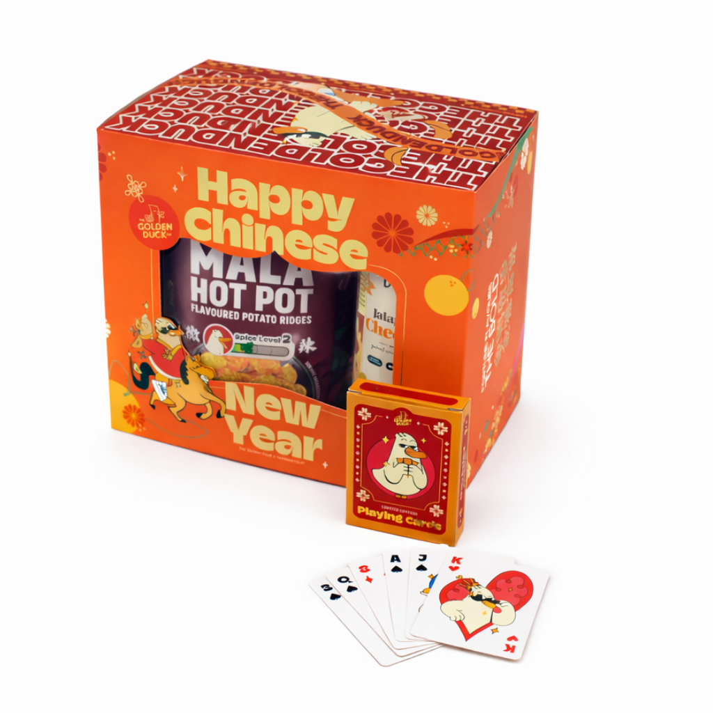 Box of Happy Chinese New Year Mala Hot Pot with playing cards on a white background