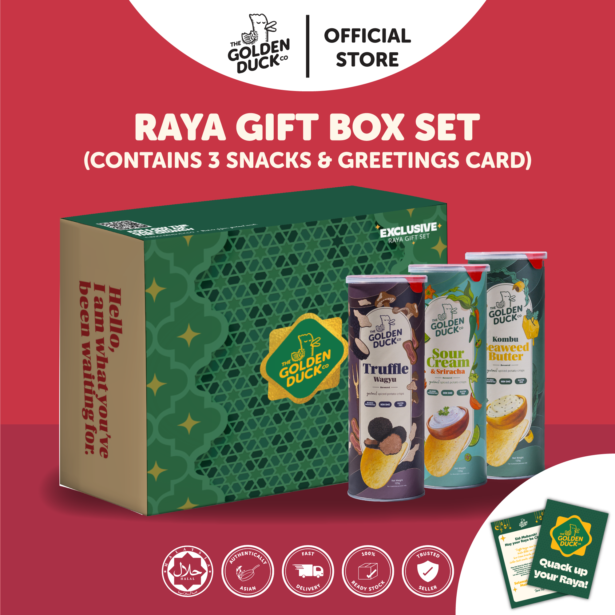 The Golden Duck Raya Gift Box Snacks 2025 | Spiced Potato Crisps Gourmet Snack | Ramadan gifts set Kotak Hadiah