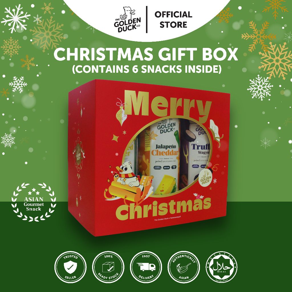 Red Christmas gift box with snacks from Golden Duck on a green background with snowflakes.